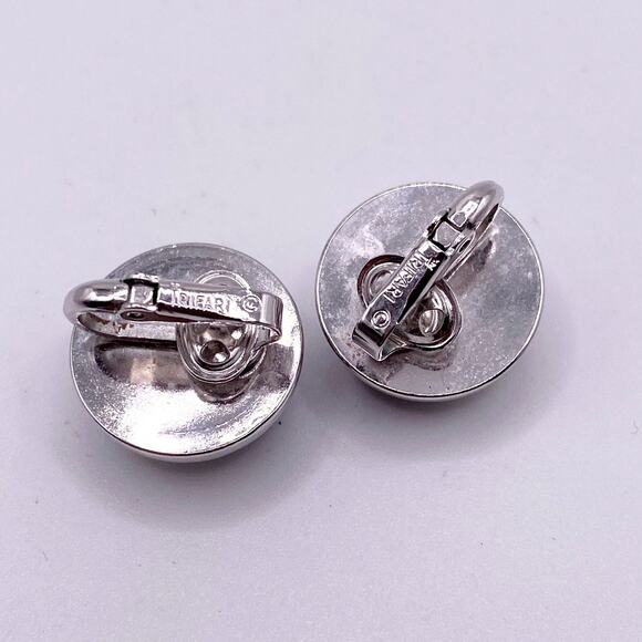 Crown Trifari Clip On Earrings Silver Tone Midcentury - Picture 3 of 6